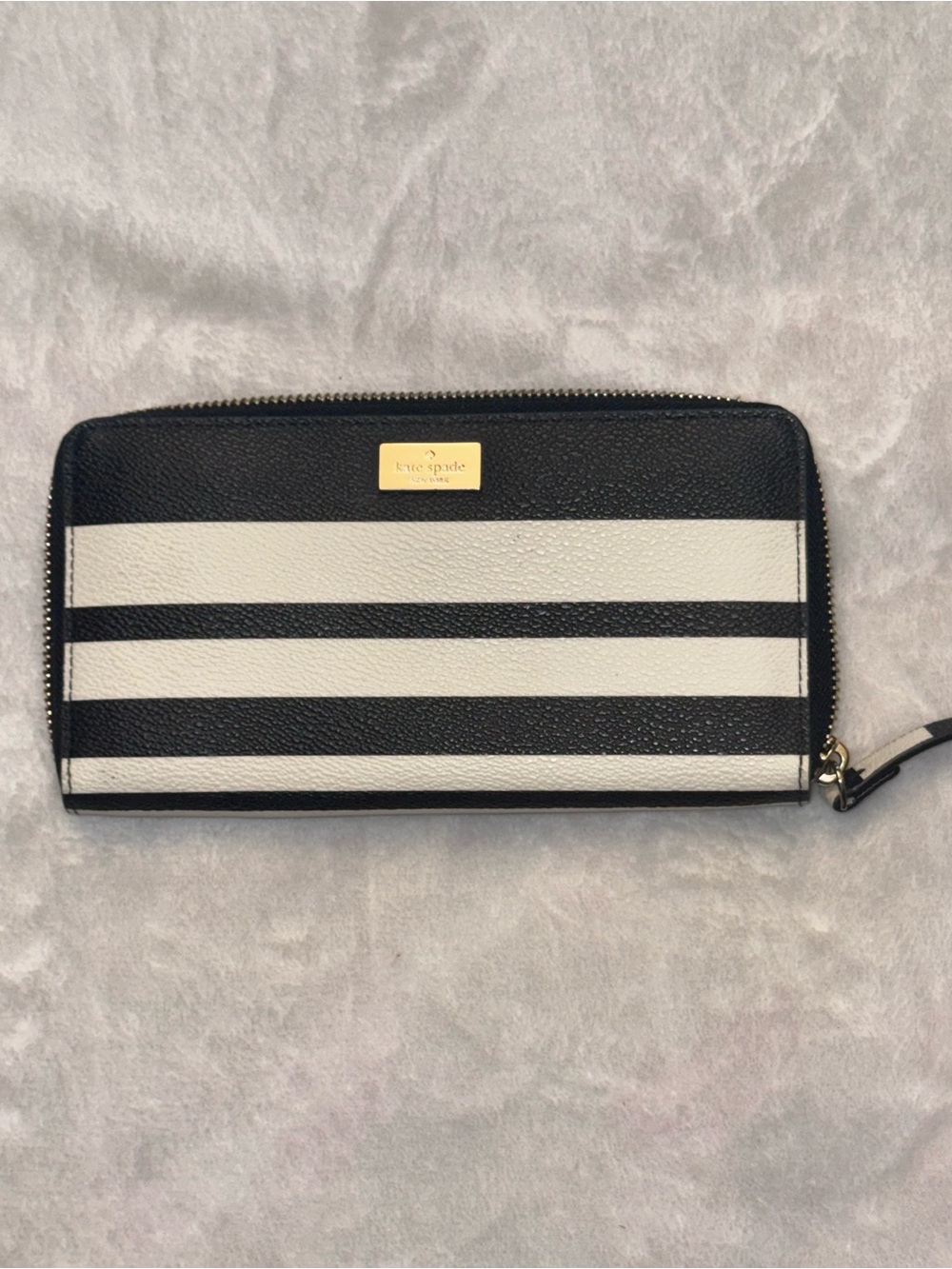 Kate Spade Black and White Striped Zip Wallet with Gold Plaque